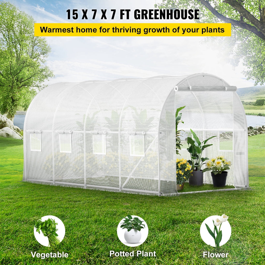 KFFKFF 15x6.5x7 Ft Walk-In Tunnel Greenhouse, Galvanized Steel Frame, Zipper Door and 8 Roll-Up Windows, White