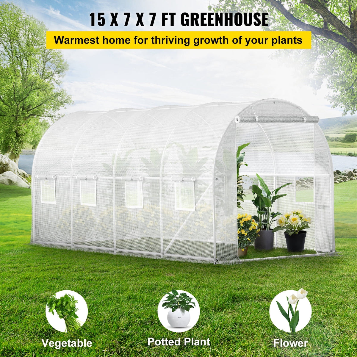 KFFKFF 15x6.5x7 Ft Walk-In Tunnel Greenhouse, Galvanized Steel Frame, Zipper Door and 8 Roll-Up Windows, White