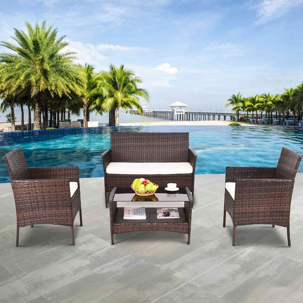 Costway 4pcs Patio Rattan Furniture Set Table Shelf Sofa Outdoor Garden W/ Beige Cushion