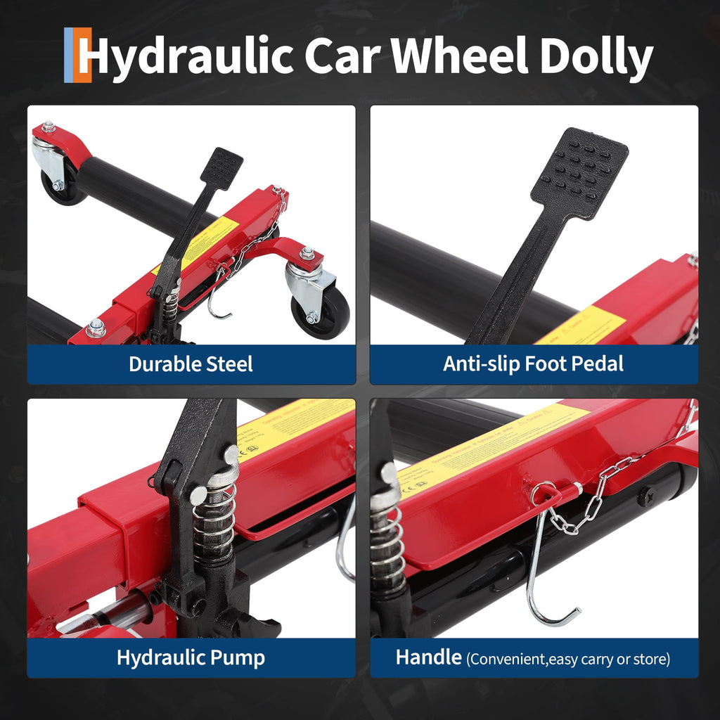 Hydraulic Car Wheel Dolly Jacks, Set of 2, 1500 lb Capacity, Non-Slip Foot Pedal for Vehicle Positioning, Red