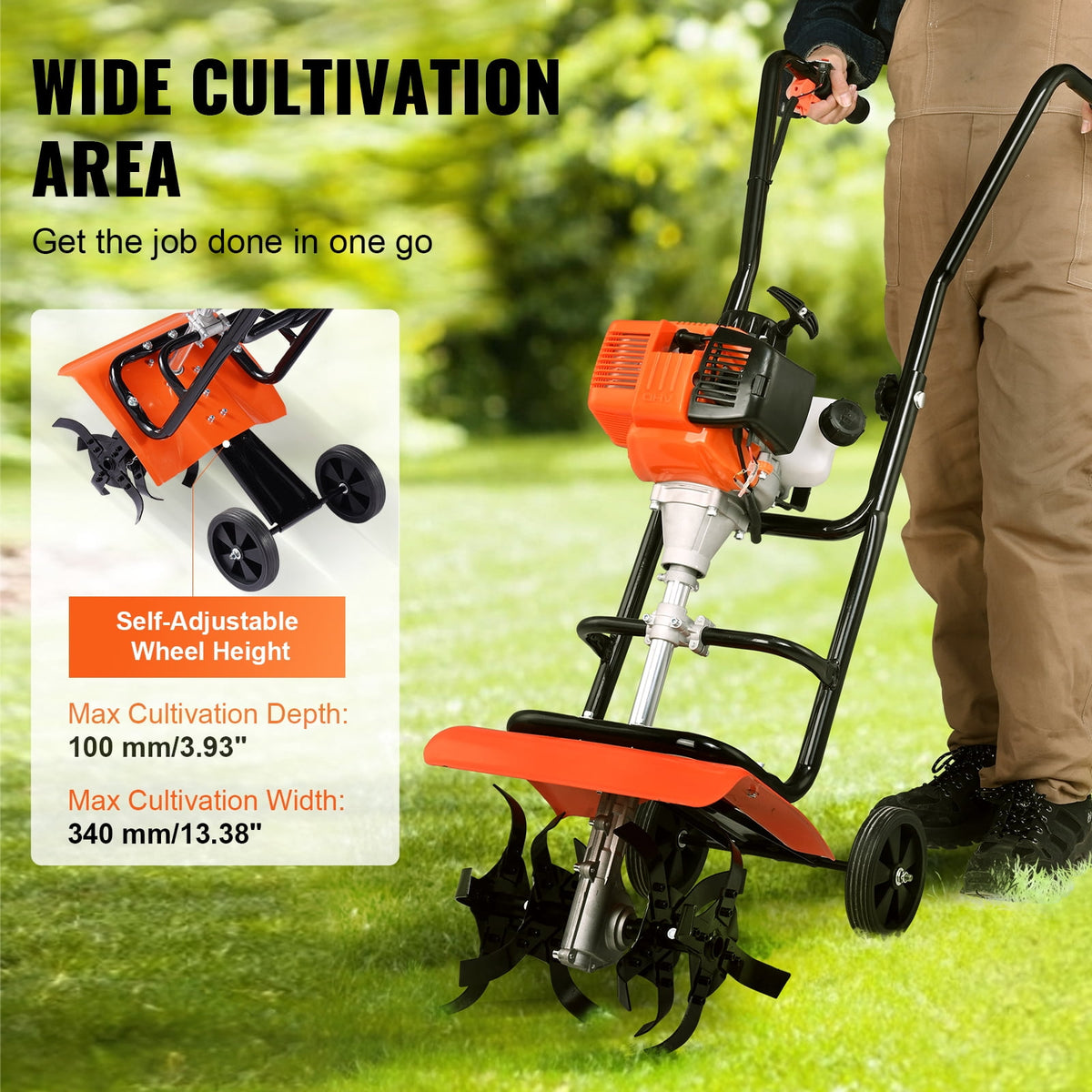 KFFKFF Tiller Cultivator, 31CC 4-Stroke Garden Tilling Machine, Cultivator with 4 Steel Modifiable Front Tines for Lawn, Garden and Field Tilling