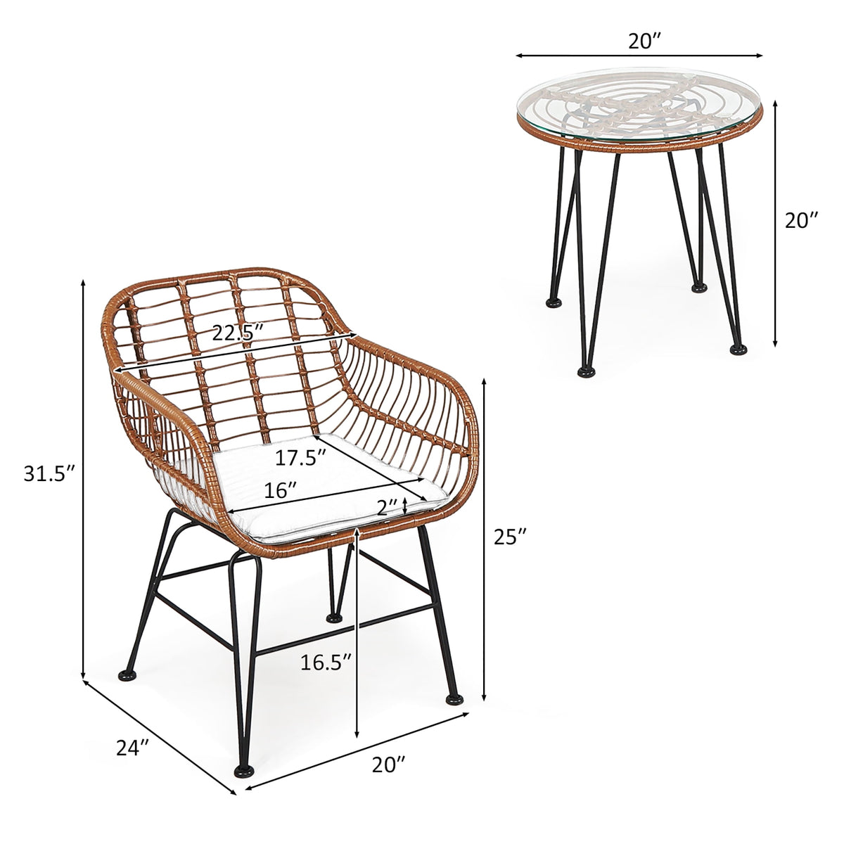Costway 3PCS Patio Rattan Bistro Set Coffee Table Armchair Garden Beige Cushion