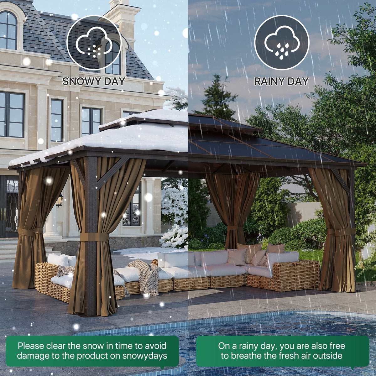 Clouddwell 12'x16' Hardtop Gazebo - Polycarbonate Double Roof with Netting & Curtains for Patio, Garden Sun Protection,Browm