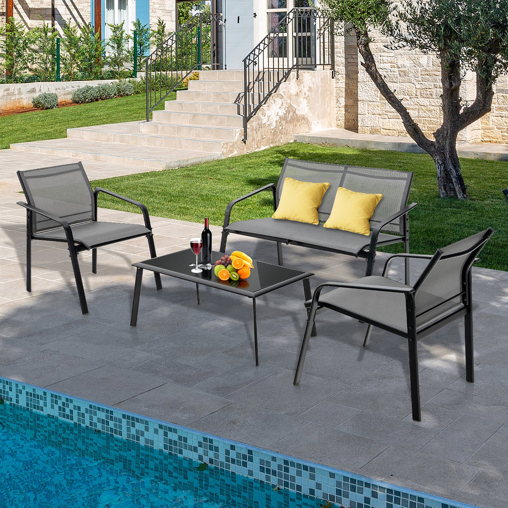 Costway 4 PCS Patio Furniture Set Loveseat Sofas Armrest Glass Table Deck Grey