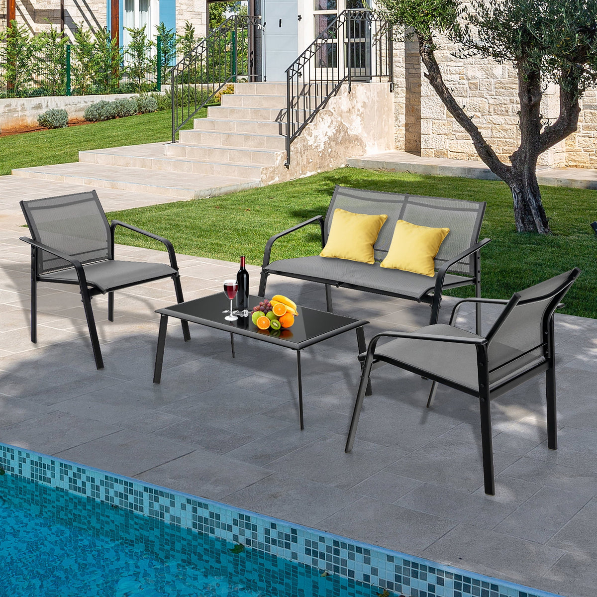 Costway 4 PCS Patio Furniture Set Loveseat Sofas Armrest Glass Table Deck Grey