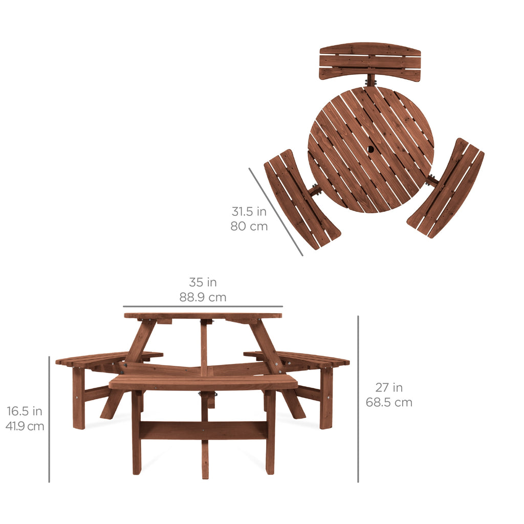 Best Choice Products 6-Person Circular Outdoor Wooden Picnic Table with 3 Built-in Benches, 500lb Capacity, Walnut Brown