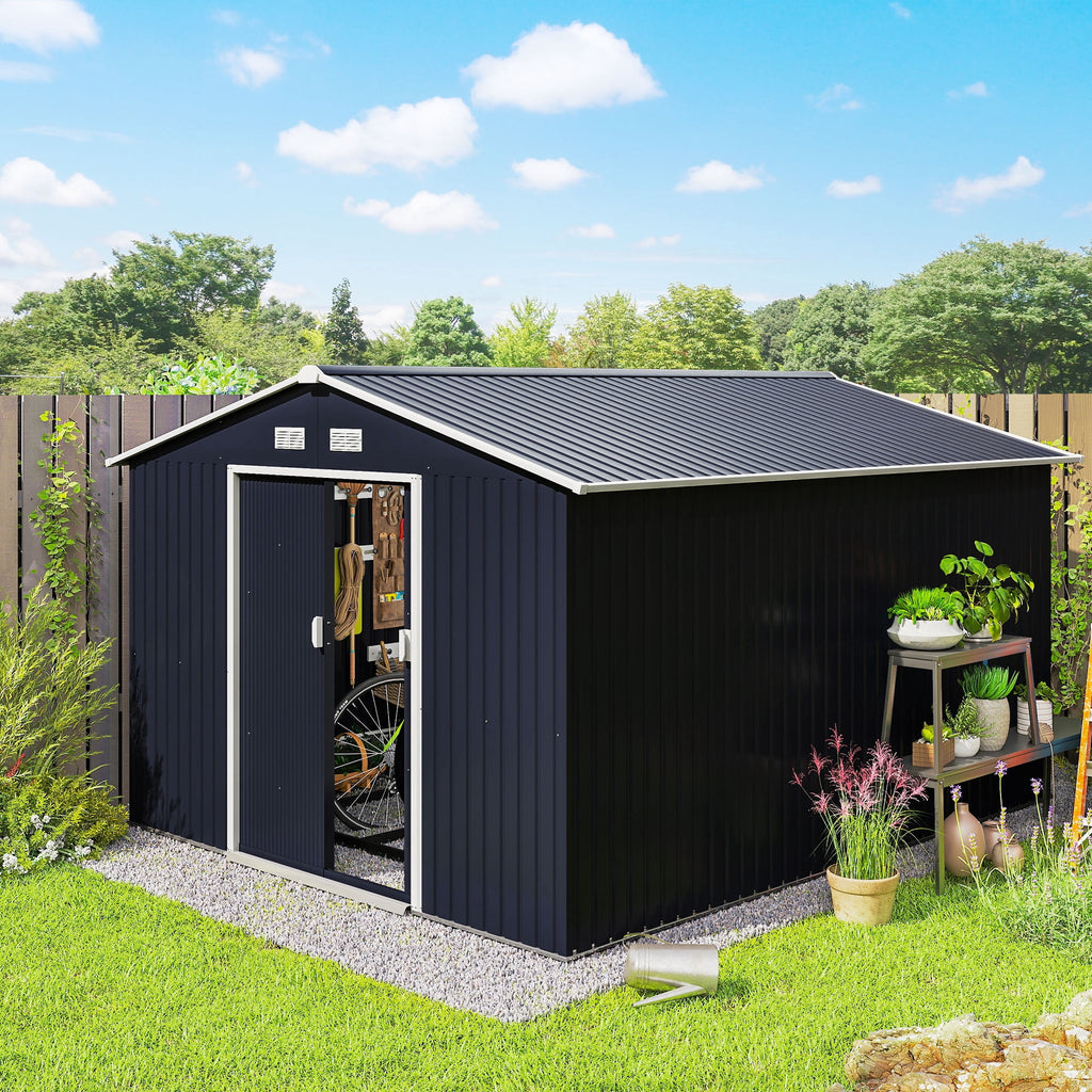 Outsunny 9' x 11' Garden Storage Shed with Foundation Kit, Metal Tool Storage House with Double Doors for Outdoor Patio Yard, Dark Grey