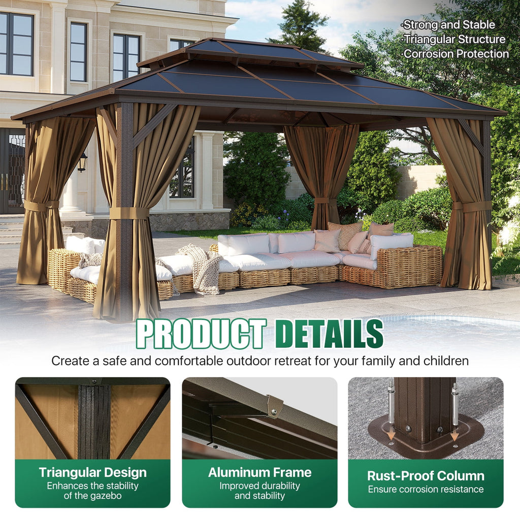 Clouddwell 12'x16' Hardtop Gazebo - Polycarbonate Double Roof with Netting & Curtains for Patio, Garden Sun Protection,Browm