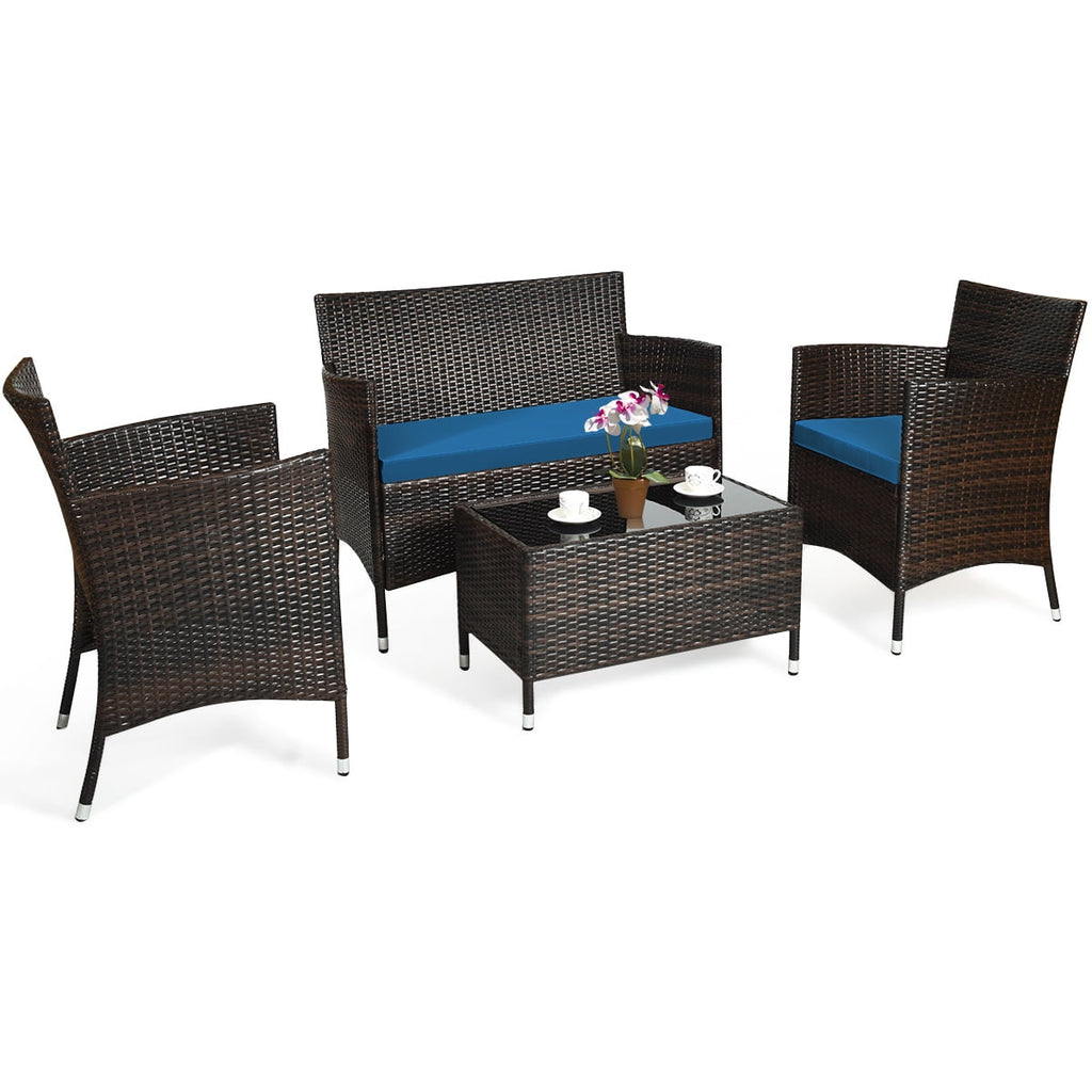Costway 4PCS Rattan Patio Furniture Set Cushioned Sofa Chair Coffee Table Peacock Blue