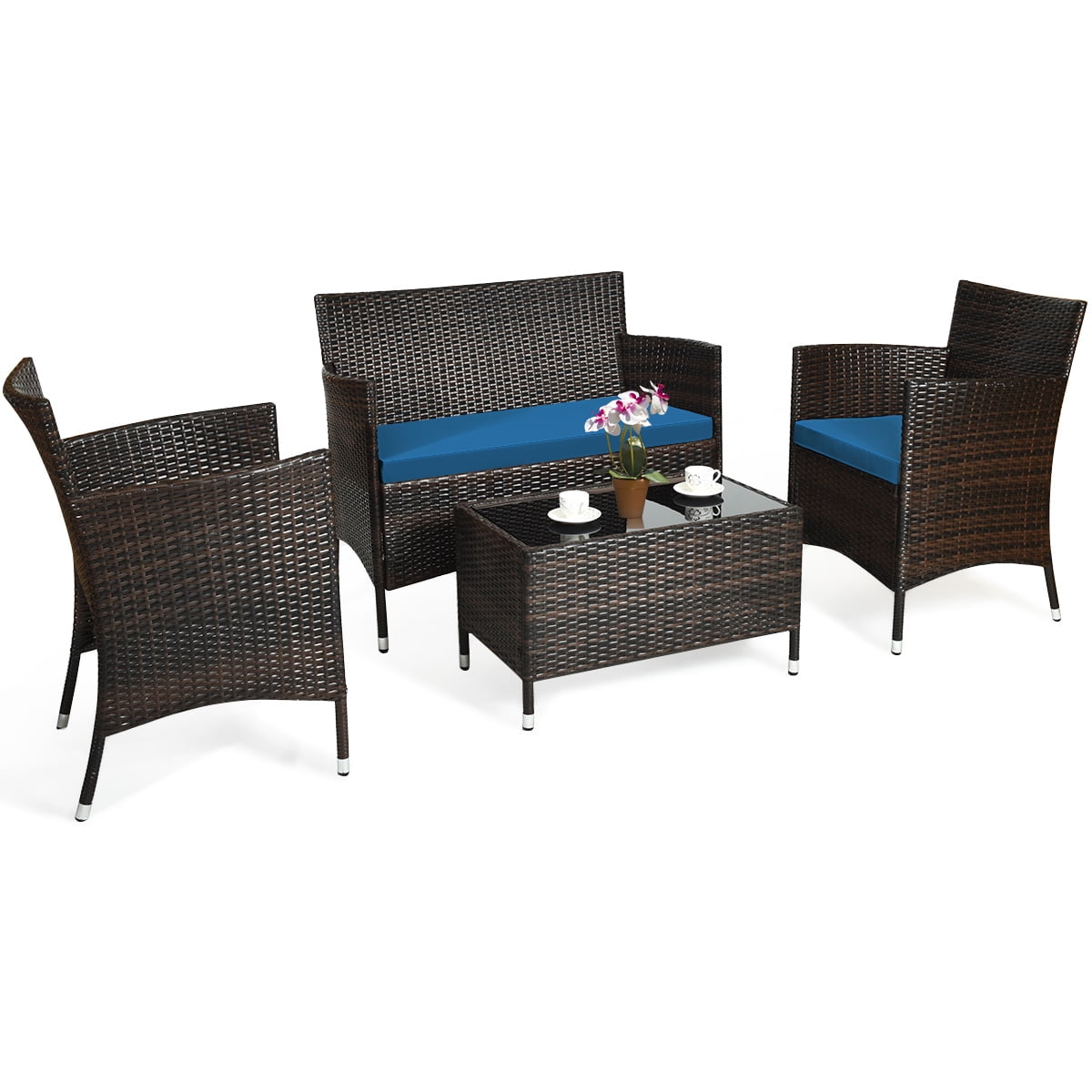 Costway 4PCS Rattan Patio Furniture Set Cushioned Sofa Chair Coffee Table Peacock Blue