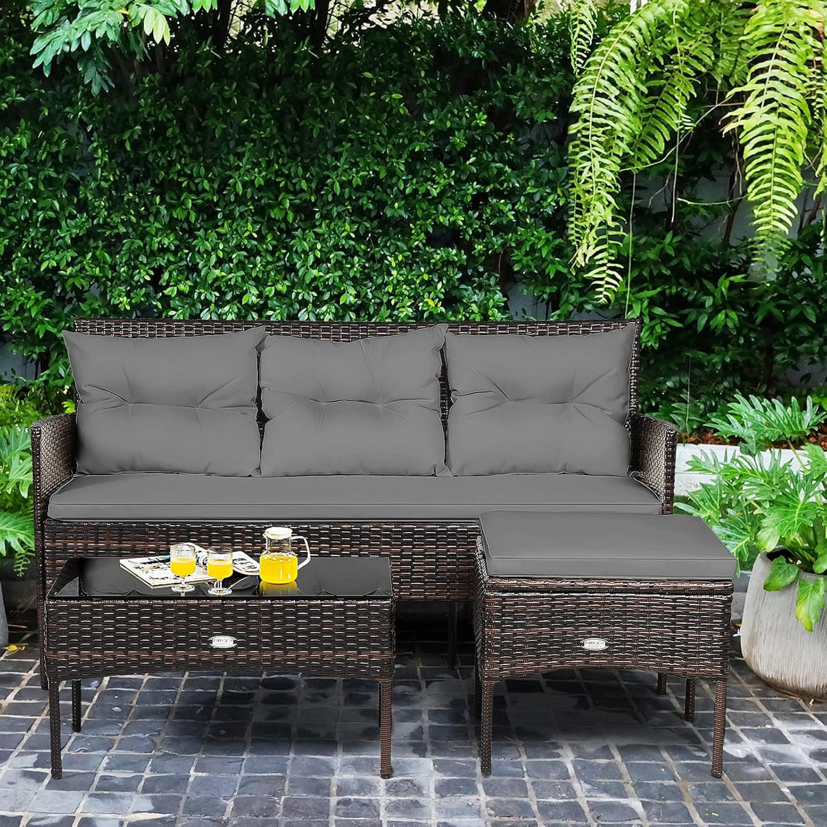 Gymax 3PCS Patio Rattan Sectional Conversation Furniture Set w/ Grey Cushions