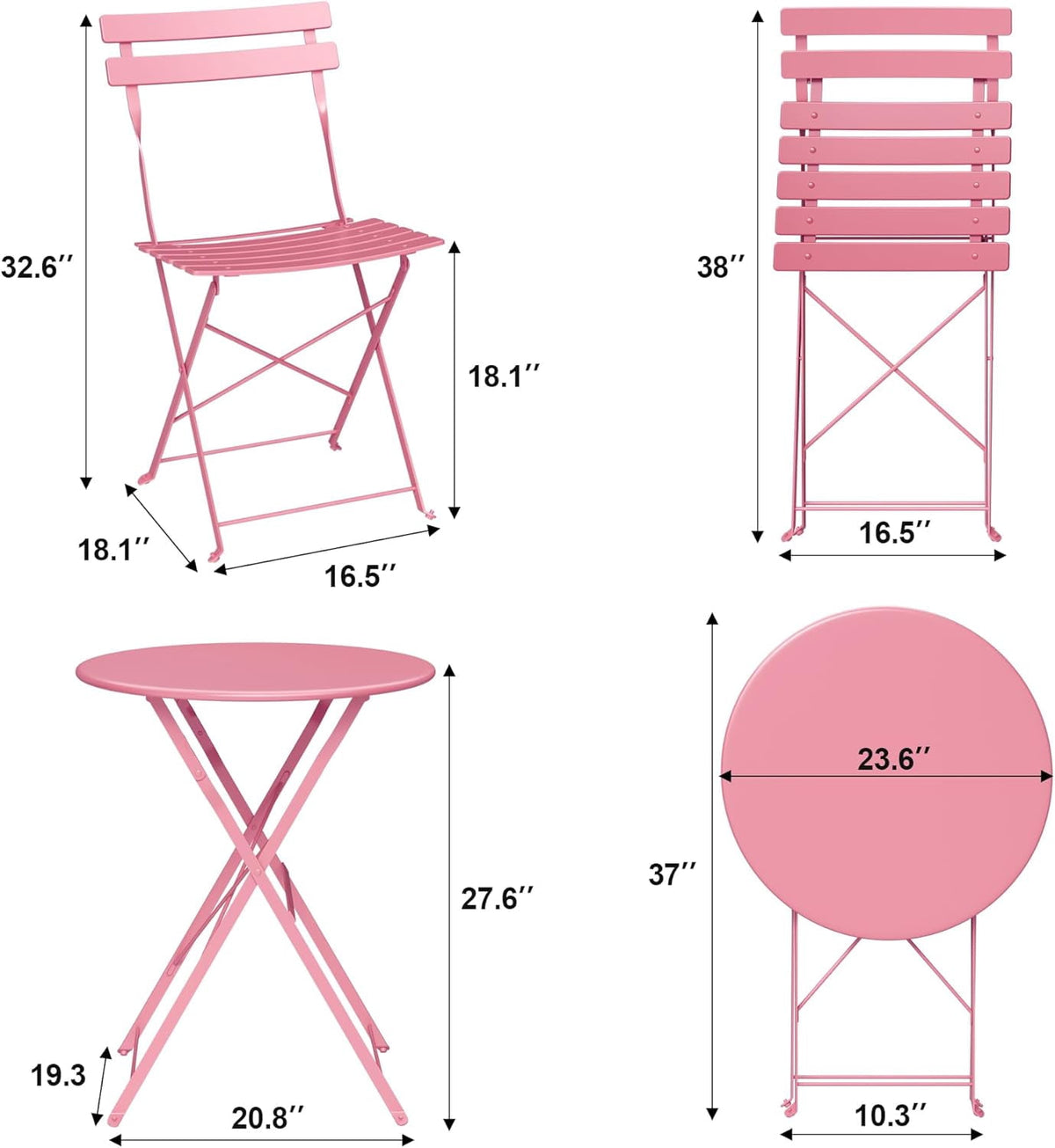 Bingirl 3-Piece Folding Metal Patio Bistro Set, Coffee Table and 2 Chairs for Balcony, Porch or Garden, Pink