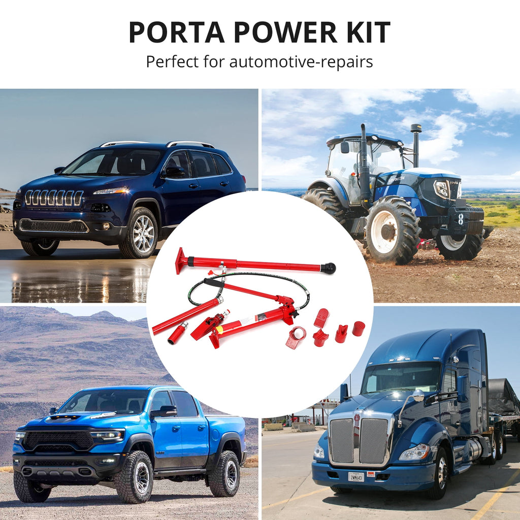 Power Hydraulic Kit with Blow Molded Portable Storage Box, Body Repair Tools for Loader Truck Bed Unloader Farm, 4 10 12 or 20 Ton, Black and Red