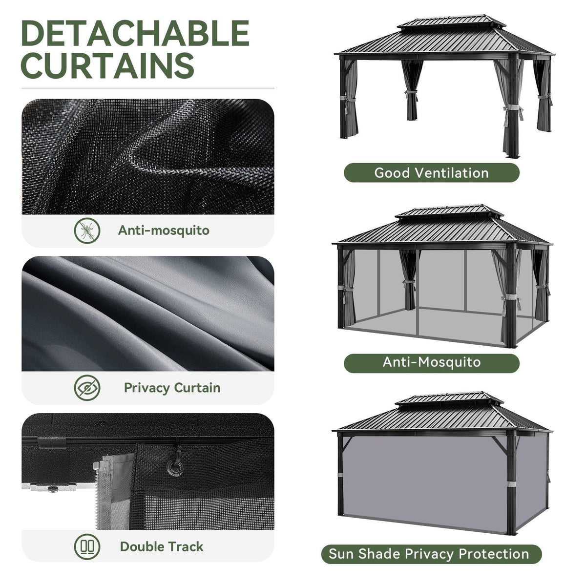 Aoxun 12 ft. x 16 ft. Outdoor Hardtop Gazebo, Galvanized Double Roof Aluminum Pavilion with Netting and Curtains for Garden, Patio, Lawns, Grey