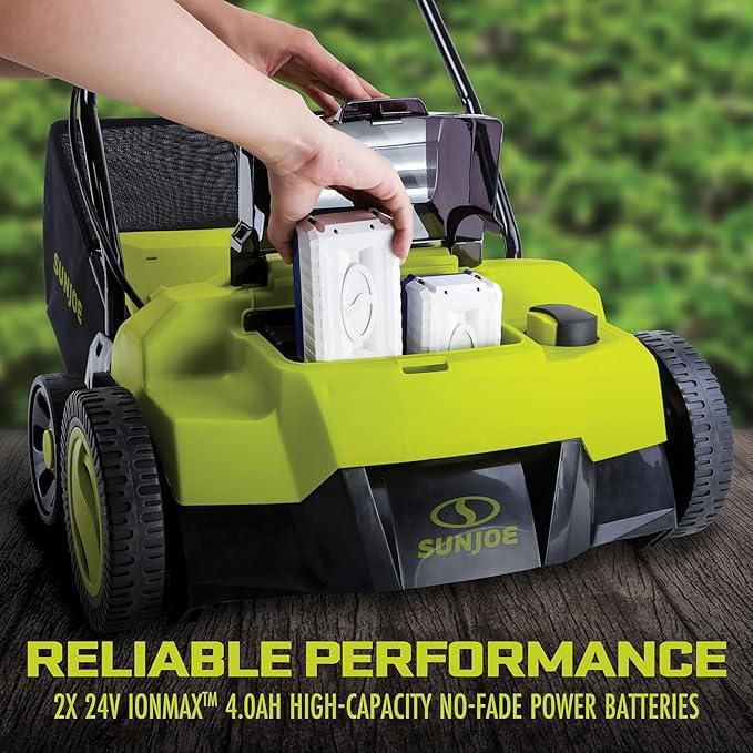 Sun Joe 24V-X2-DTS15 24-Volt* Cordless Scarifier + Dethatcher | 5-Depth Positions | 14-inch | Brushless Motor | with 2 x 4.0-Ah Batteries + Charger