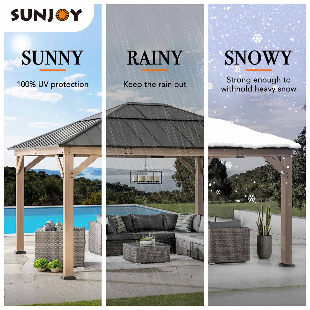 Sunjoy 13 ft. x 15 ft. Cedar Framed Gazebo with Brown Steel and Polycarbonate Hip Roof Hardtop