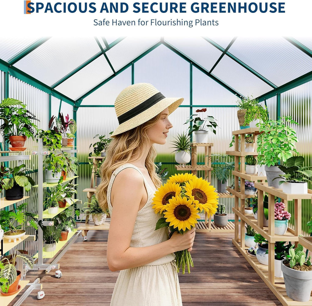Polycarbonate Greenhouse with Roof Vent, Ground Nails, Lockable Push Door, Aluminum Large Walk-in Green House for Outside Garden