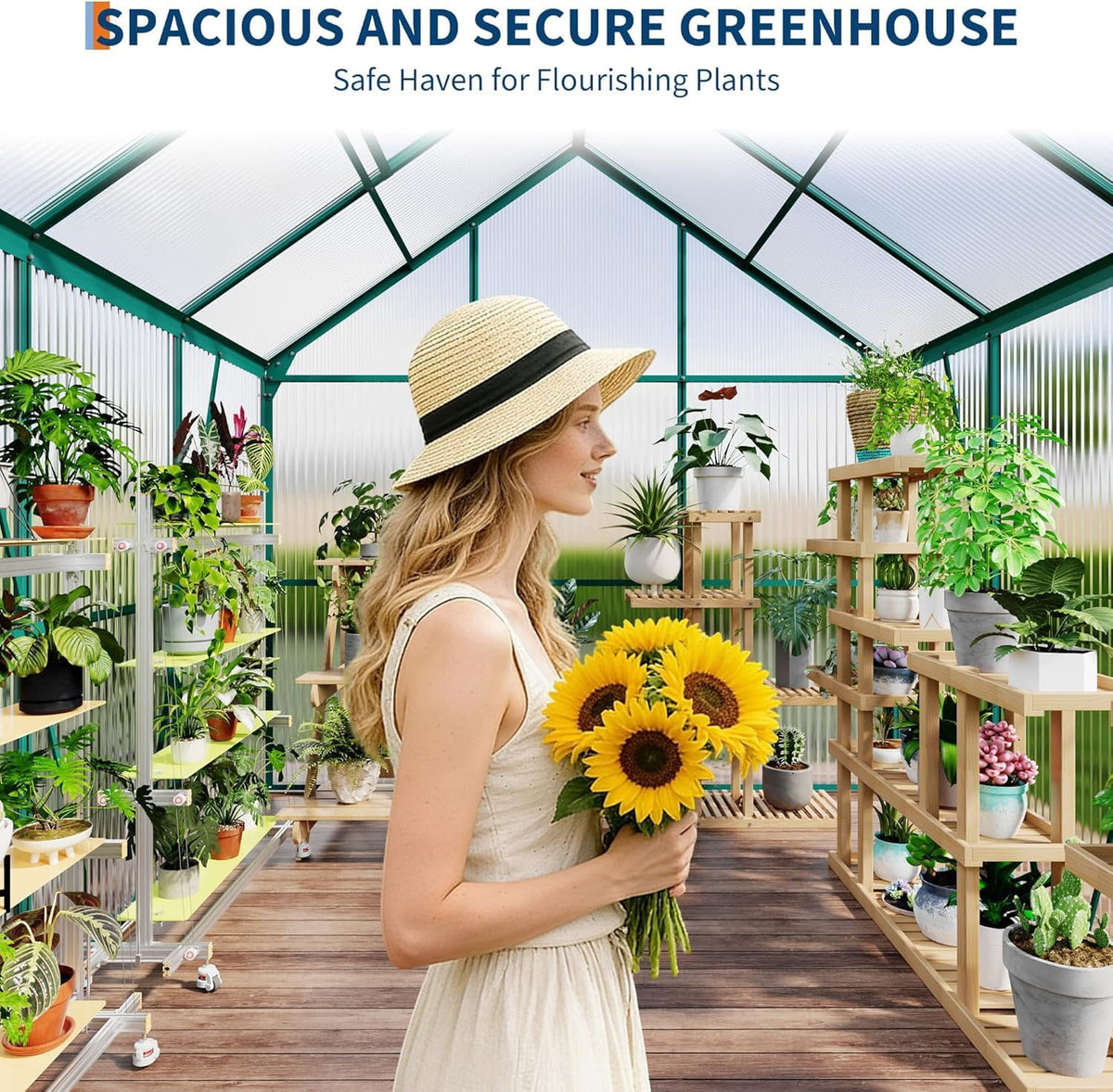 Polycarbonate Greenhouse with Roof Vent, Ground Nails, Lockable Push Door, Aluminum Large Walk-in Green House for Outside Garden