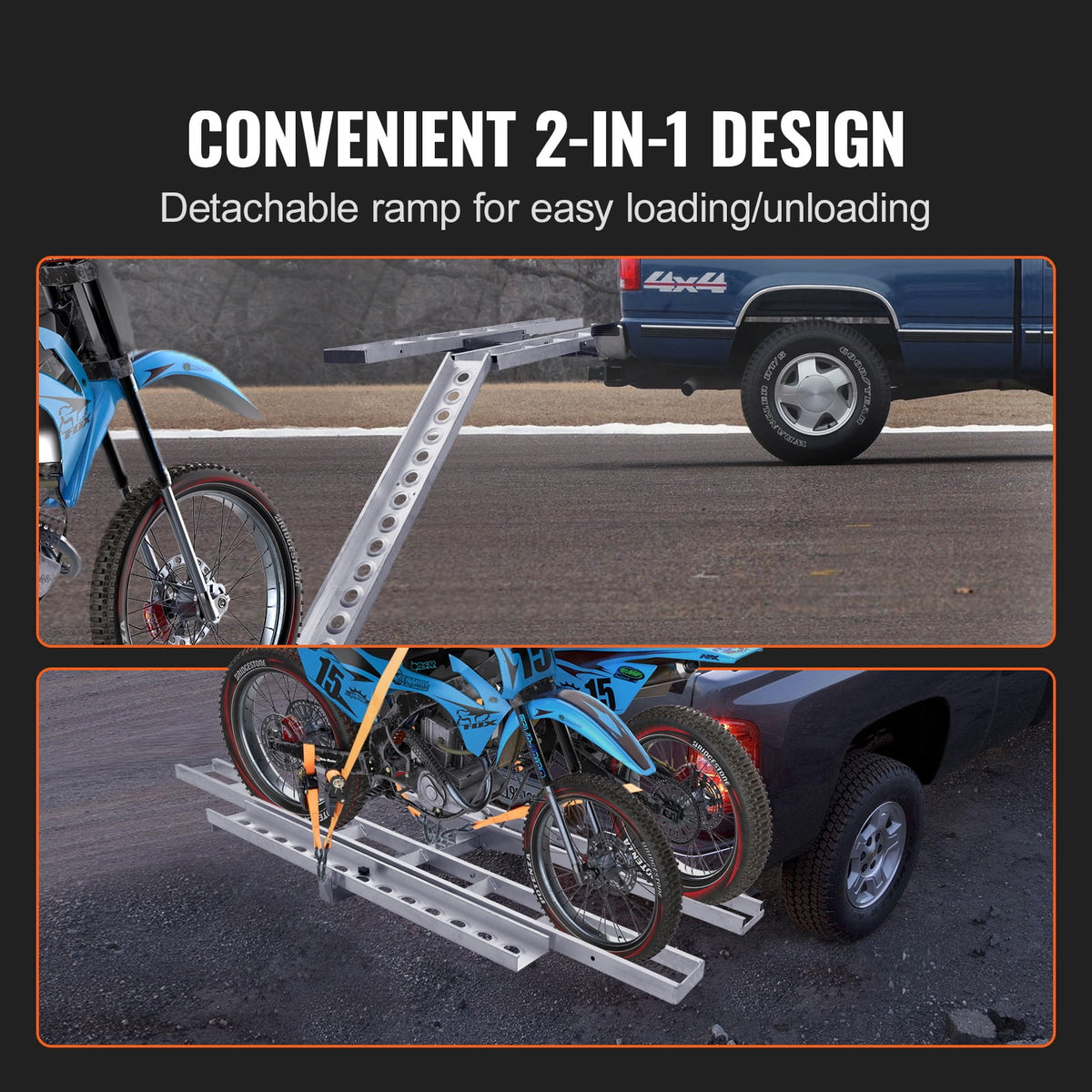 KFFKFF 2-Bike Aluminum Motorcycle Hitch Carrier, 600 lb Capacity, Loading Ramp, Ratchet Straps and Stabilizer