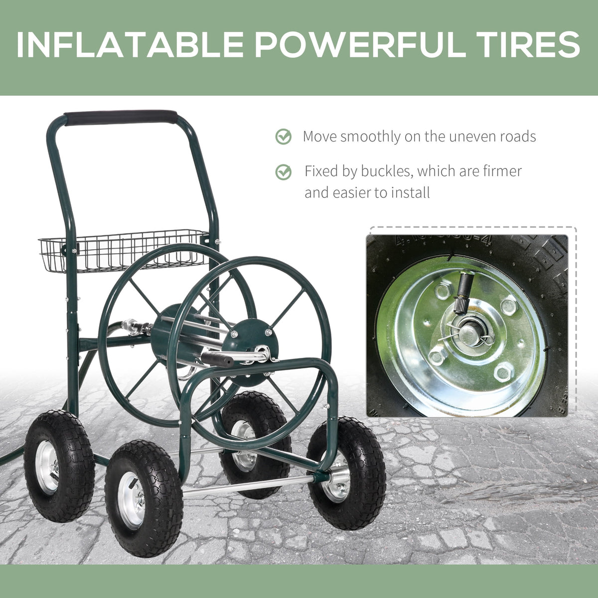 Outsunny Garden Hose Reel Cart, Hose Organizer with Wheels, Storage Basket