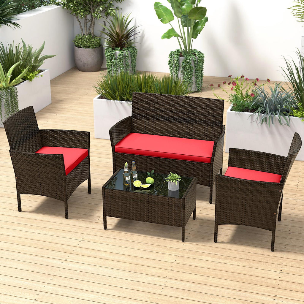 Costway 8PCS Patio Rattan Furniture Set Cushioned Sofa Coffee Table Backyard Porch Red
