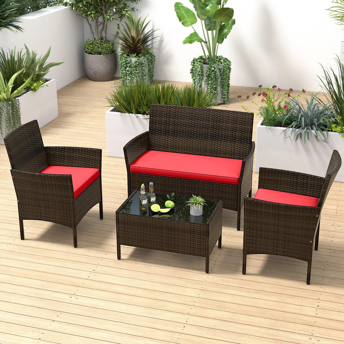 Costway 8PCS Patio Rattan Furniture Set Cushioned Sofa Coffee Table Backyard Porch Red