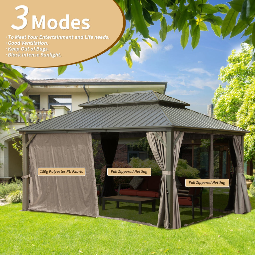 Domi Outdoor 10x14 ft Hardtop Gazebo Canopy Metal with Galvanized Steel Double Roof,Curtain & Netting for Patio Deck Backyard, Gray