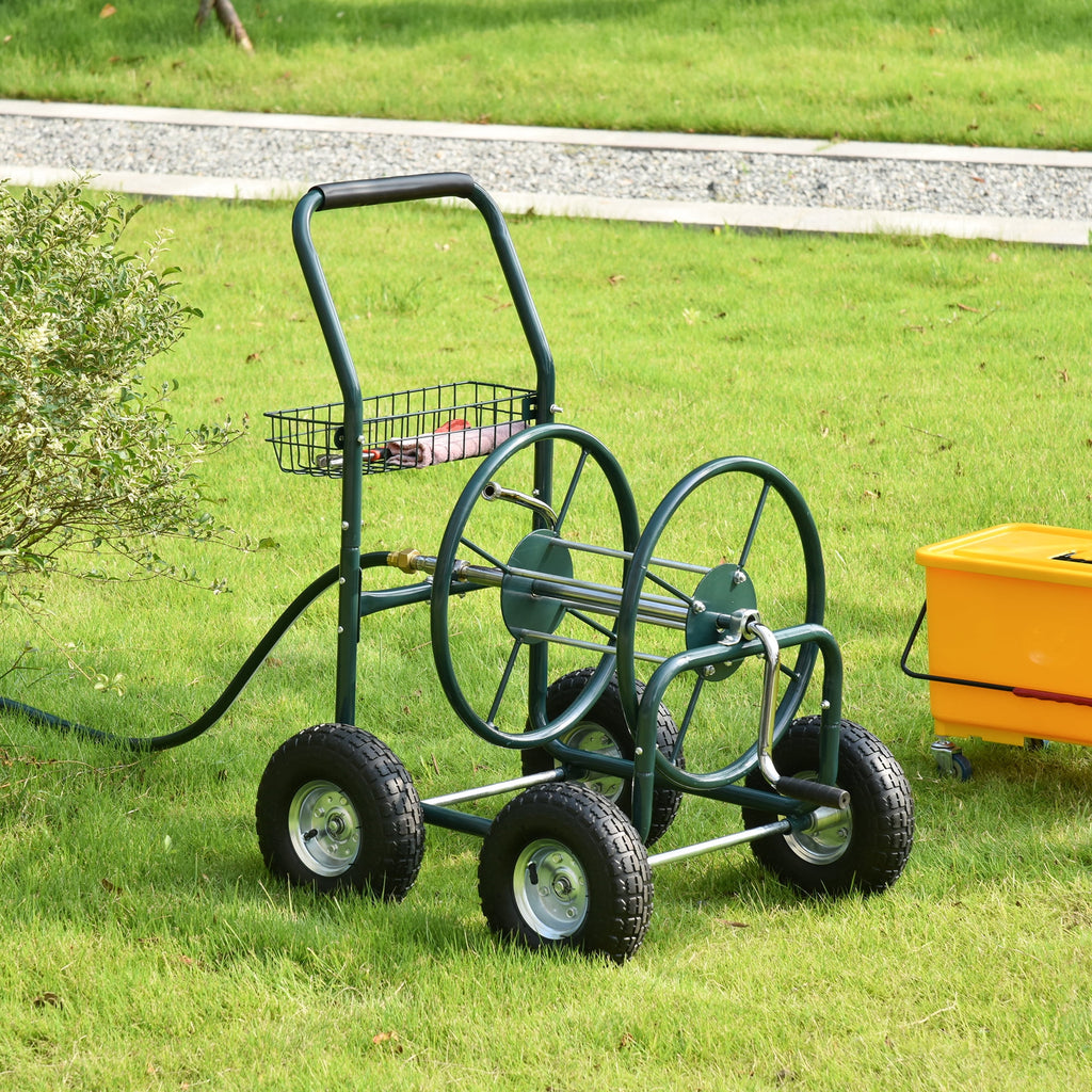 Outsunny Garden Hose Reel Cart, Hose Organizer with Wheels, Storage Basket