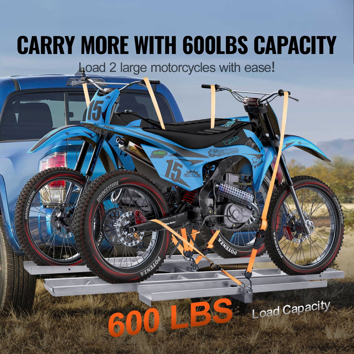 KFFKFF 2-Bike Aluminum Motorcycle Hitch Carrier, 600 lb Capacity, Loading Ramp, Ratchet Straps and Stabilizer