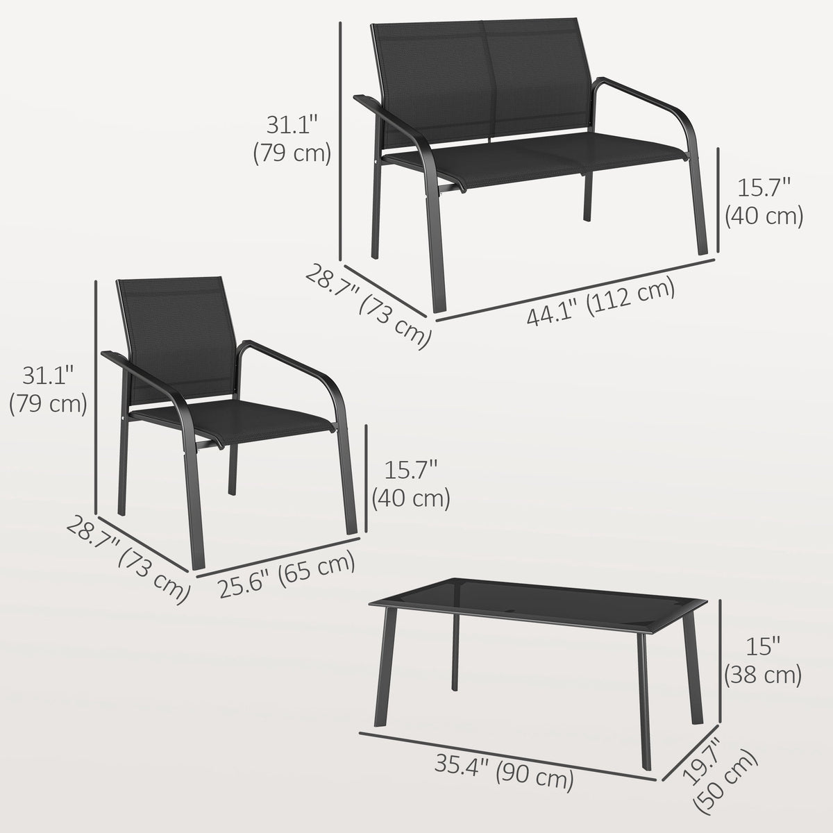 Outsunny 4 Piece Patio Furniture Set, Deep Outdoor Conversation Set, Black