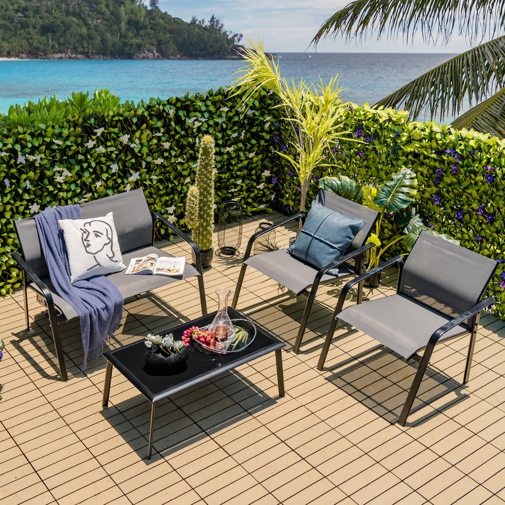 Costway 4 PCS Patio Furniture Set Loveseat Sofas Armrest Glass Table Deck Grey