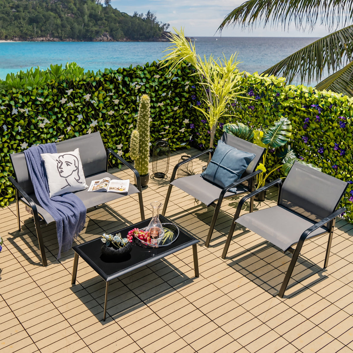 Costway 4 PCS Patio Furniture Set Loveseat Sofas Armrest Glass Table Deck Grey