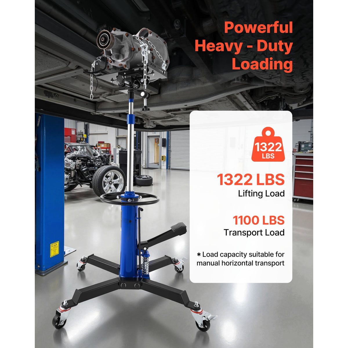 KFFKFF 0.6-Ton/1322 lb Hydraulic Transmission Jack, Dual Telescopic Lift, Foot Pedal, 34.6-69.3 Inch Height