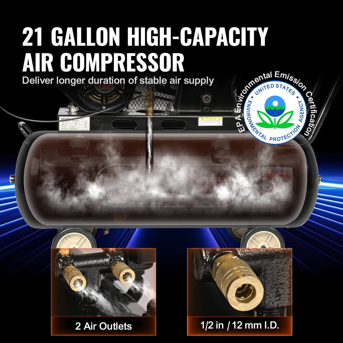 KFFKFF 7HP Gas Powered Air Compressor, 21 Gallon Horizontal Air Compressor Tank, 9CFM@115PSI Gas Driven Piston Pump Air Compressed System
