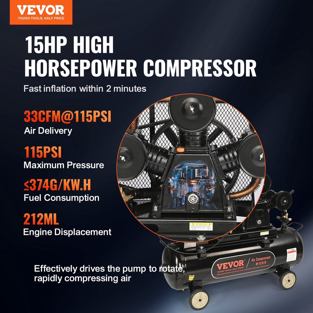 VEVOR 15 HP Gas-Powered Air Compressor, 30-Gallon Horizontal Tank, 33 CFM at 115 PSI, 115 PSI Max