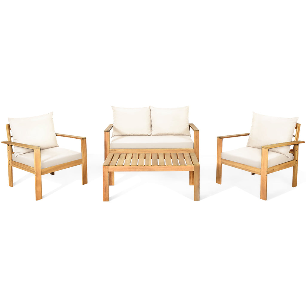 Costway 4PCS Patio Furniture Set Acacia Wood Thick Cushion Loveseat Sofa Off White