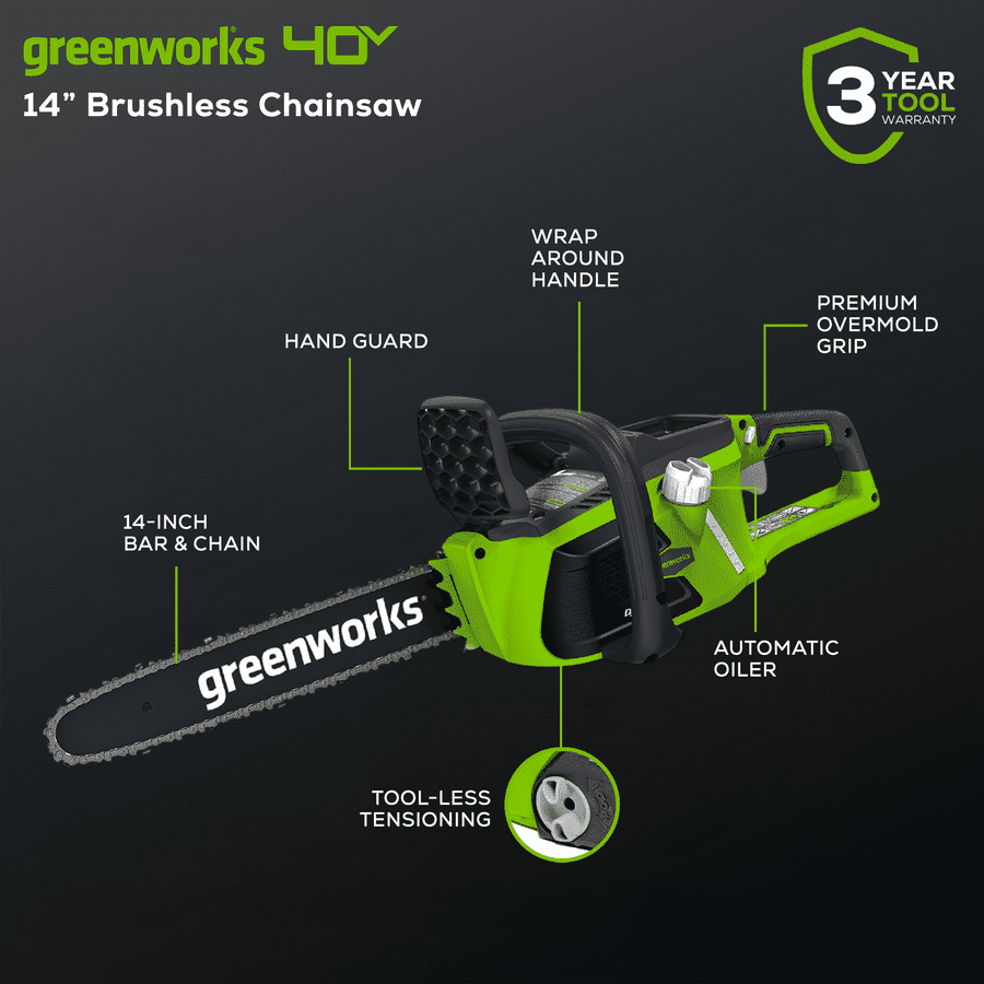 Greenworks 40V 14" Cordless Brushless Electric Chainsaw (Tool Only), [75+ Compatible Tools]