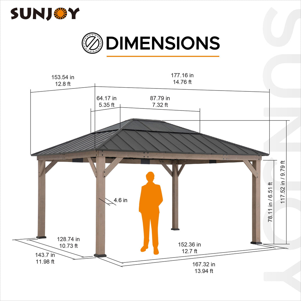 Sunjoy 13 ft. x 15 ft. Cedar Framed Gazebo with Brown Steel and Polycarbonate Hip Roof Hardtop