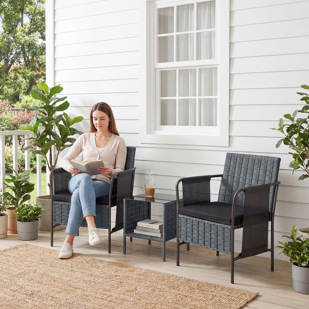 Outsunny 3 Piece Wicker Patio Furniture Bistro Set with Side Pocket, Black