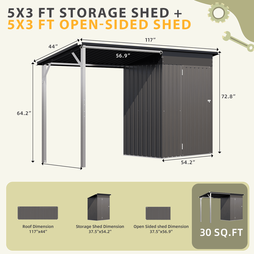 AECOJOY 3x5 Ft Open-Sided Outdoor Storage Shed, 15 Sq Ft Cover, 2-in-1 Tool Shed with Hardtop Metal Pergola