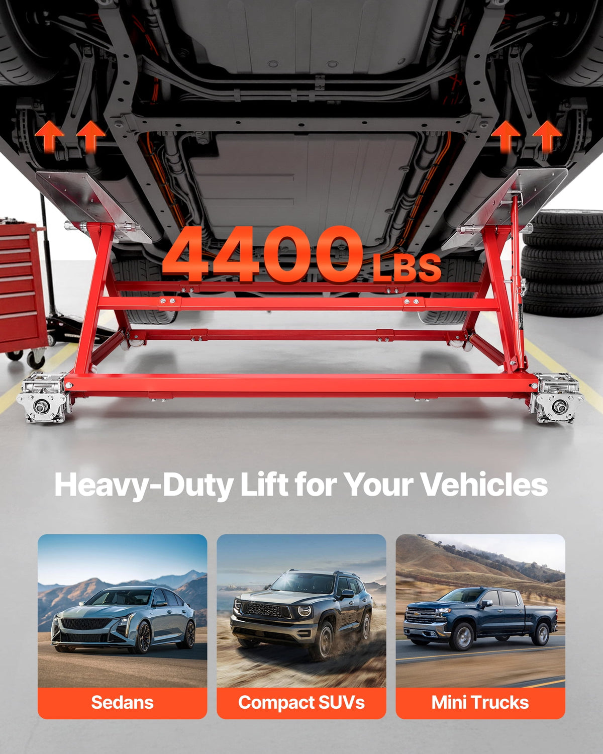 VEVOR Portable Car Lift, 4400 lb Capacity, 23-Inch Max Height, Adjustable Width, Steel Frame and Wheels