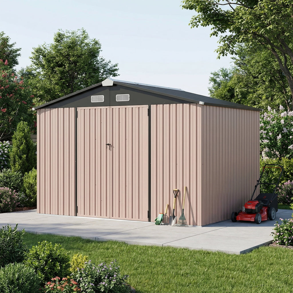 Clouddwell 10x8 Ft Metal Outdoor Storage Shed, Double Hinged Lockable Doors and Sloped Roof, Brown