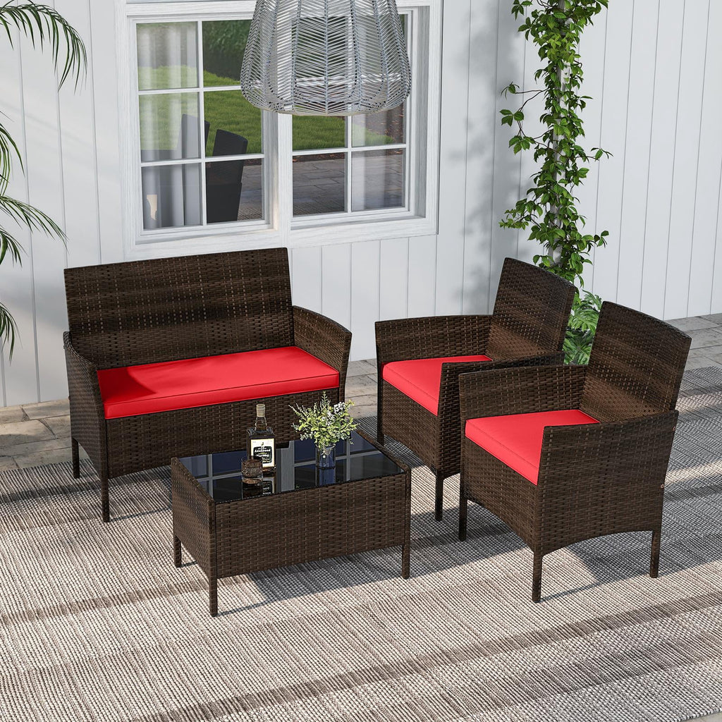 Costway 8PCS Patio Rattan Furniture Set Cushioned Sofa Coffee Table Backyard Porch Red