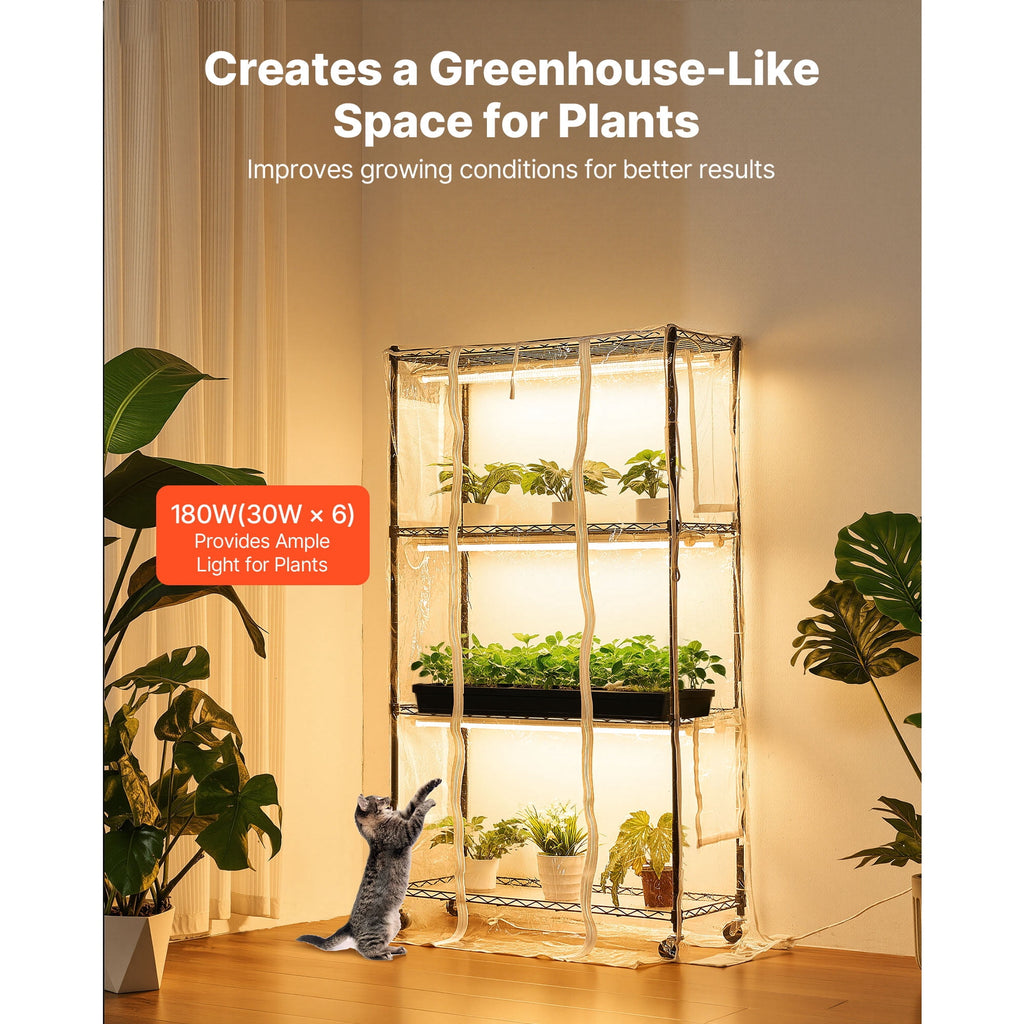 KFFKFF Indoor Greenhouse with Grow Light, 59 in Tall 4-Tier Plant Stand with Clear Cover, Timer & Hygrometer, 180W Full Spectrum Grow Lights