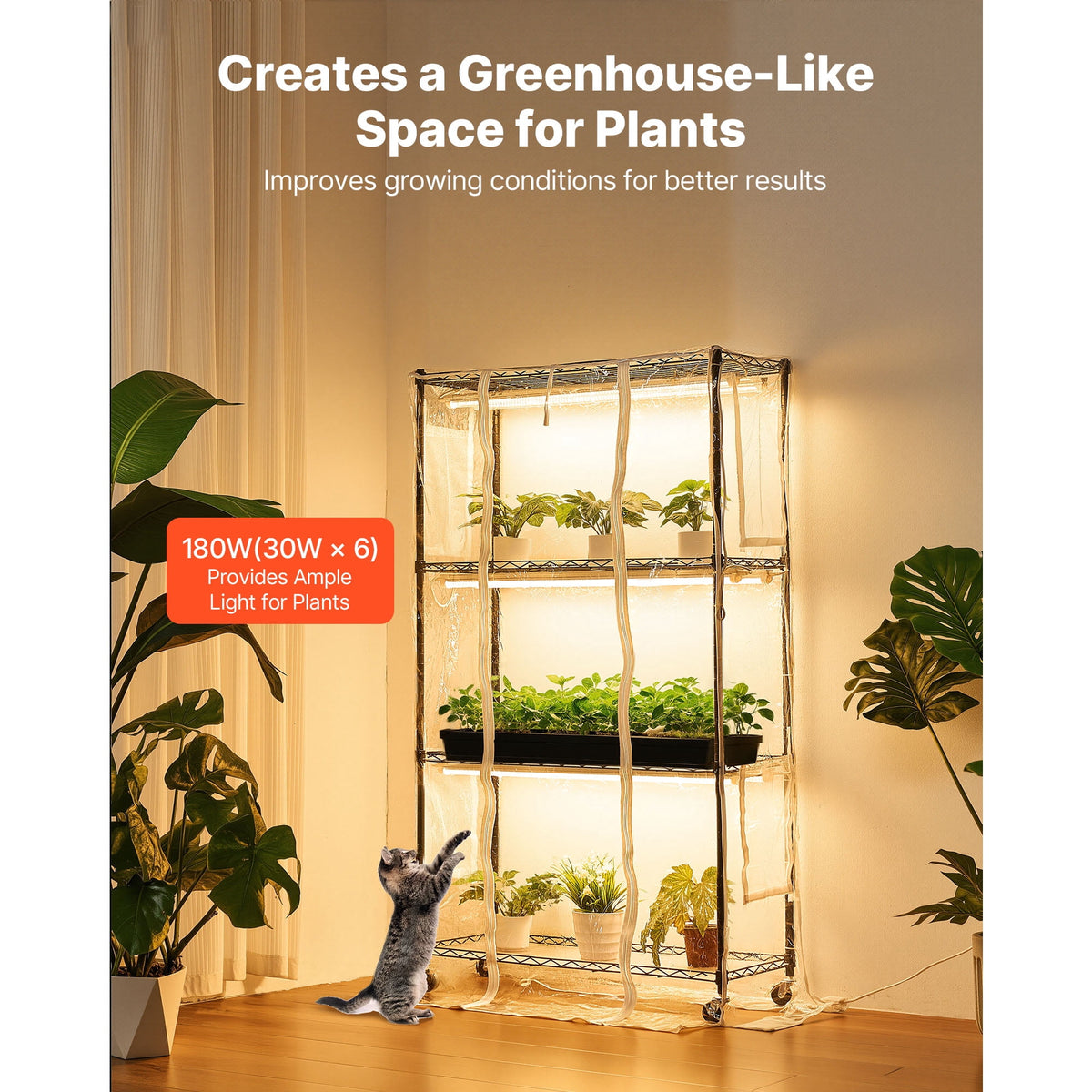 KFFKFF Indoor Greenhouse with Grow Light, 59 in Tall 4-Tier Plant Stand with Clear Cover, Timer & Hygrometer, 180W Full Spectrum Grow Lights