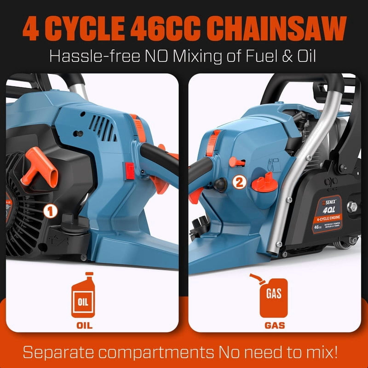 SENIX CS4QL-L3 16" 46cc 4-Cycle Gas Powered Chainsaw, Automatic Oiler