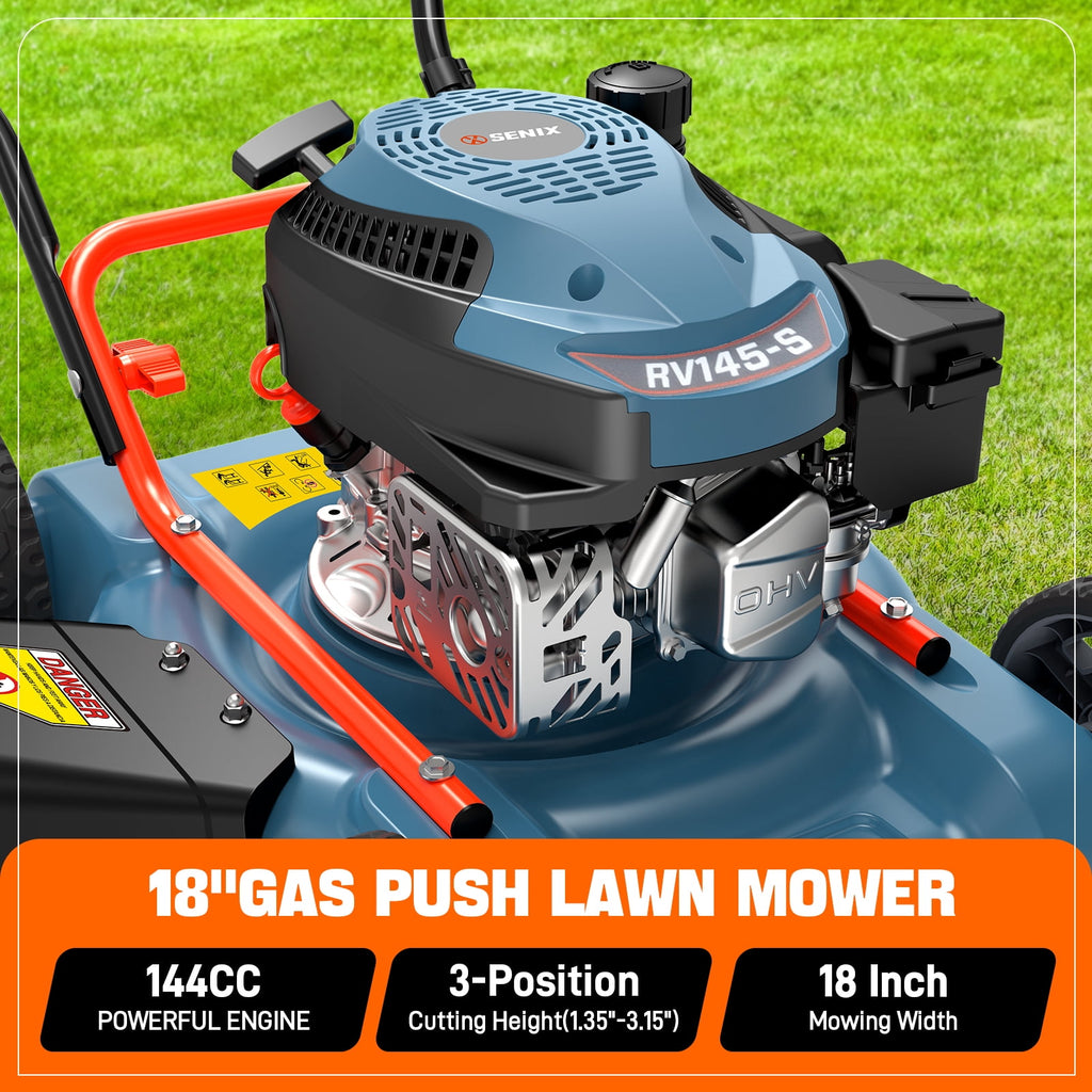 SENIX LSPG-L1 18" 144cc 4-Cycle Gas Powered Push Walk-Behind Lawn Mower, Side Discharge