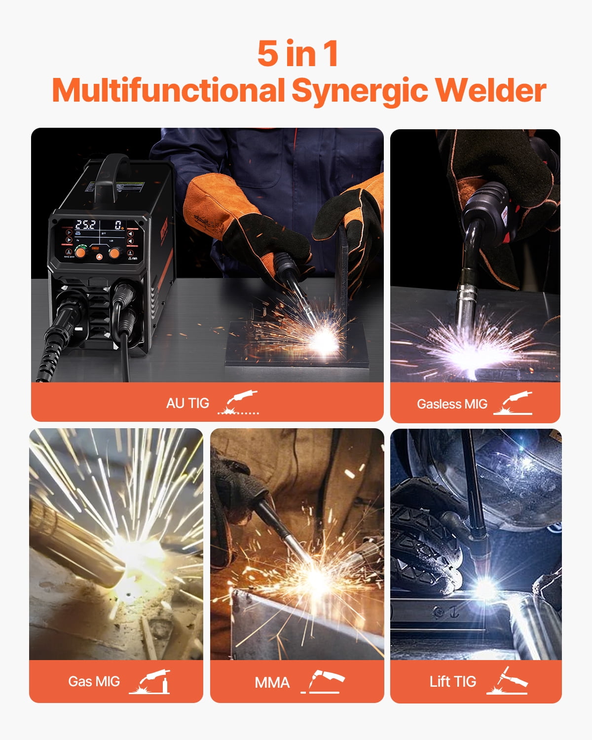 VEVOR Pro MIG Welder 250A Pluse Mig Welding Machine 5-in-1 Synergic Welder Machine