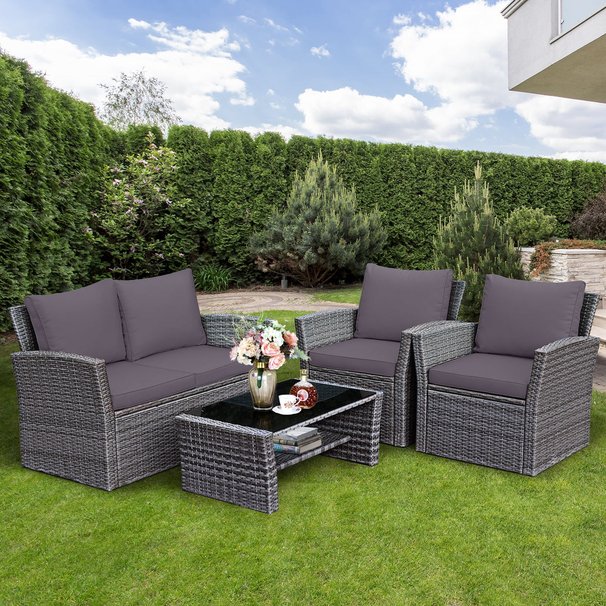 Costway 4PCS Patio Rattan Furniture Set Sofa Table W/Storage Shelf Gray Cushion