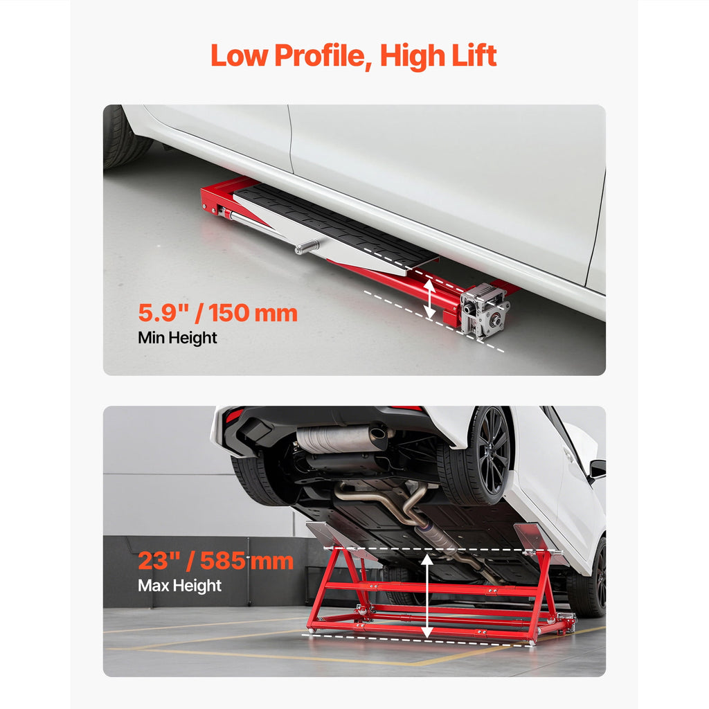 KFFKFF Portable Car Lift, 4400 lb Capacity, 23-Inch Max Height, Adjustable Width, Steel Frame and Wheels